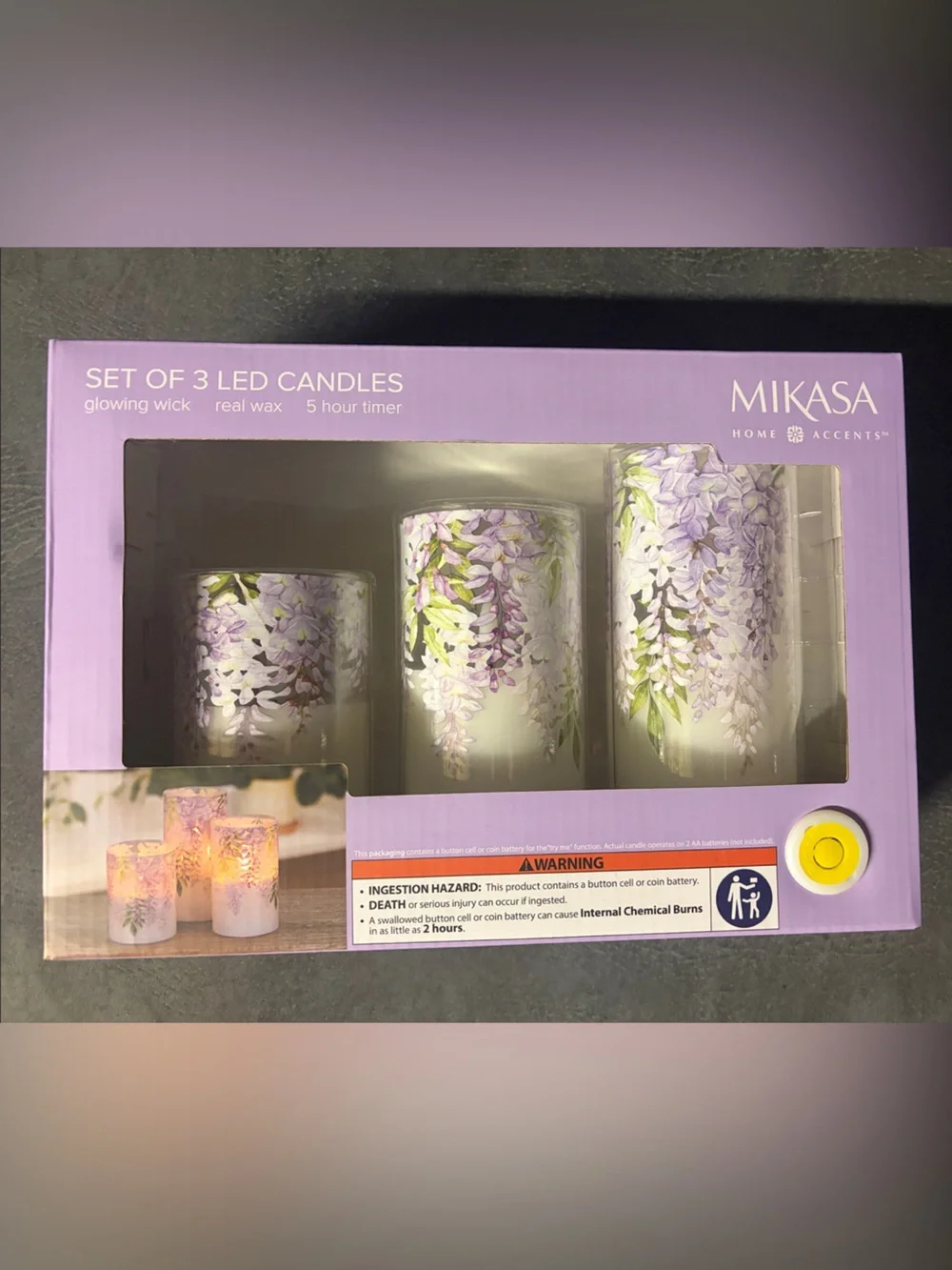 Mikasa Lavender Floral LED Candle Trio in Purple and Green